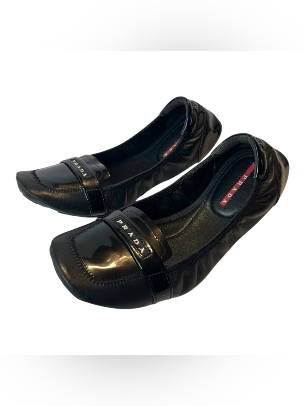 Prada Black Patent Leather Ballet Flats Womens Size 36.5 EU 6.5 US Logo Slip on - Picture 7 of 12